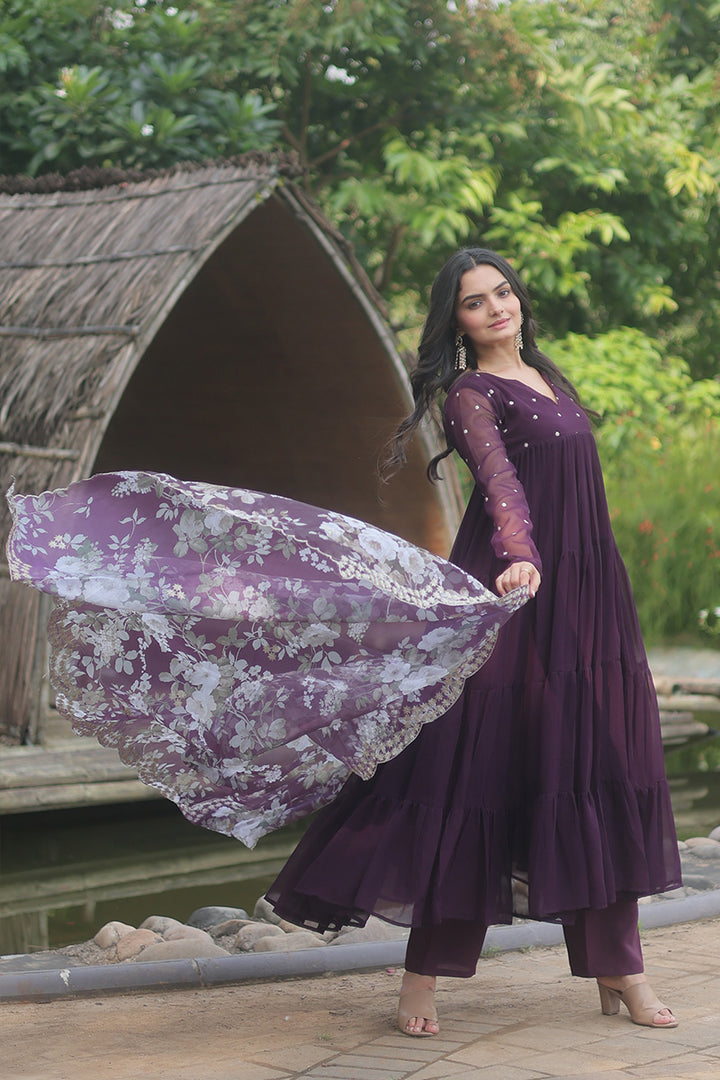 Beautiful Wine Color Frill Anarkali Gown With Printed Dupatta