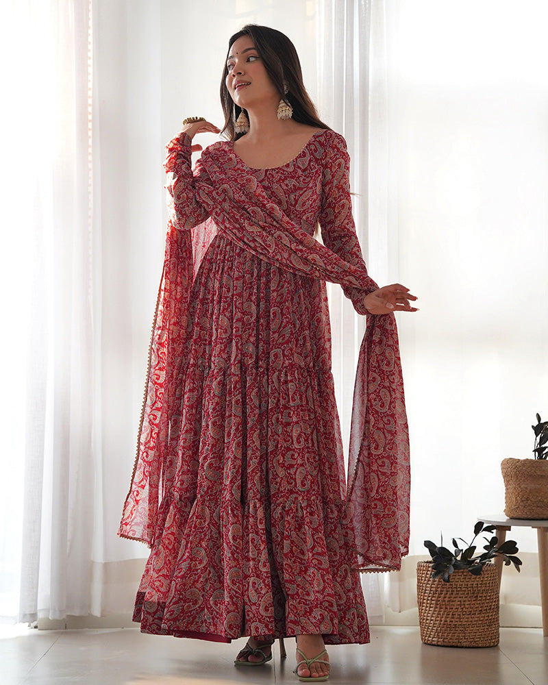 Kalamkari Maroon Color Georgette Frill Anarkali Suit