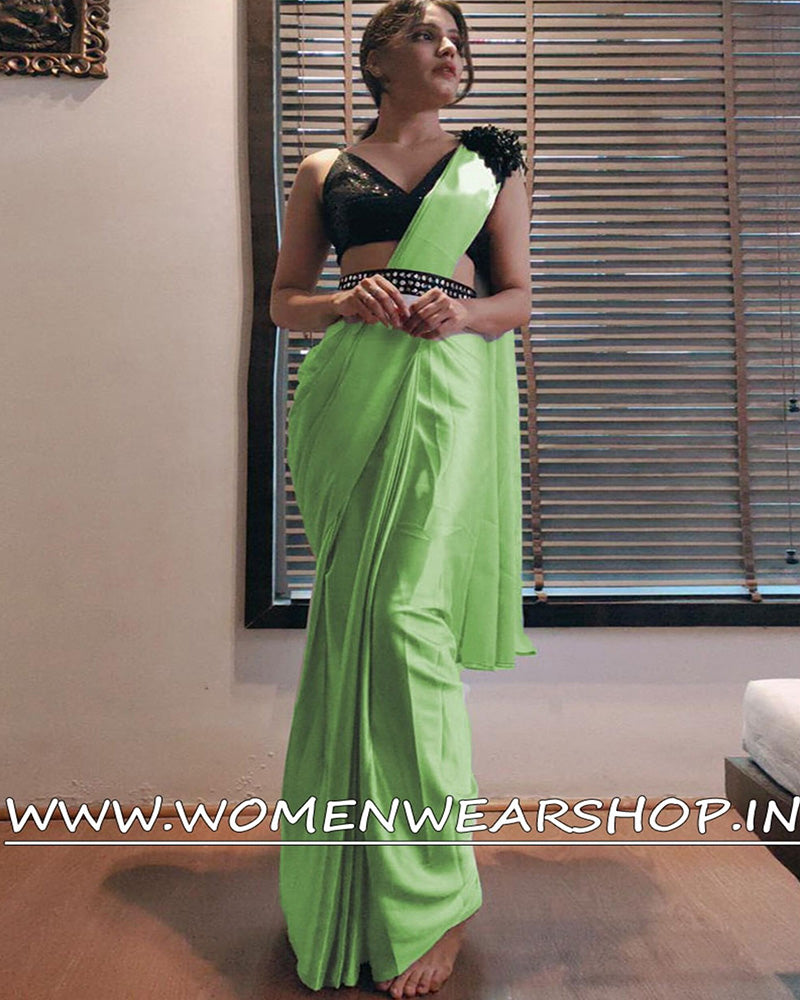 Parrot Green Satin Silk Ready To Wear Saree With Belt