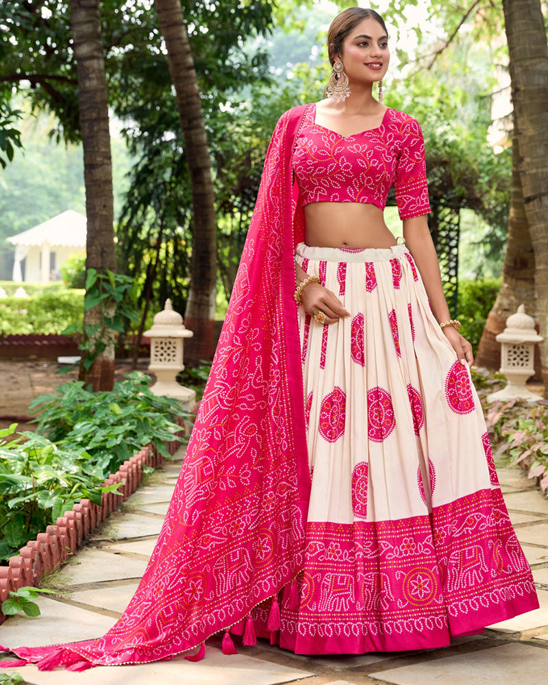 Bandhej Print Pink Color Tussar Silk Lehenga Choli