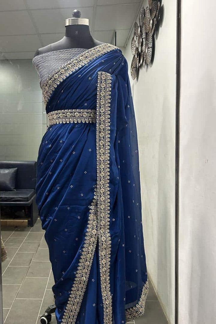 Navy Blue Color Dori Work Zari Sequins Kasturi Silk Saree