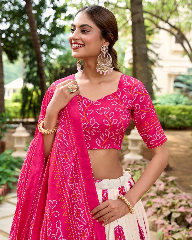 Bandhej Print Pink Color Tussar Silk Lehenga Choli