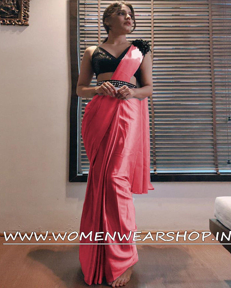Pink Satin Silk Ready To Wear Saree With Belt