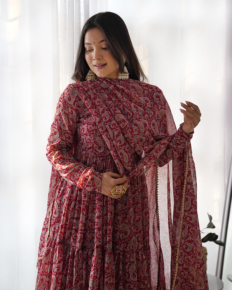 Kalamkari Maroon Color Georgette Frill Anarkali Suit