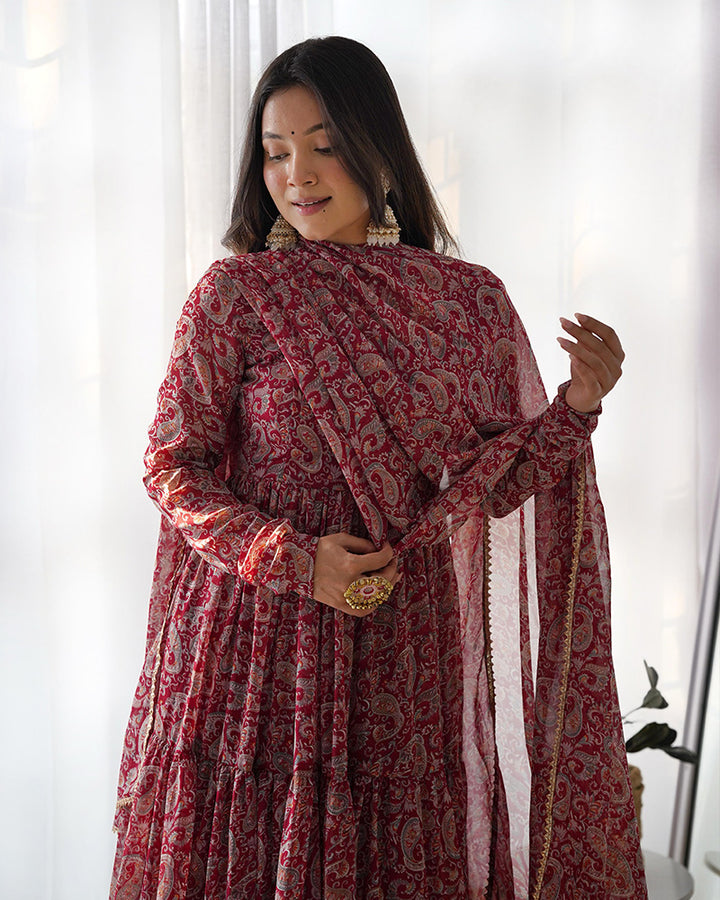 Kalamkari Maroon Color Georgette Frill Anarkali Suit