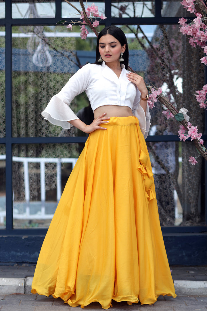 Yellow Color Fully Stitched Chinnon Crop Top Lehenga With Phantom Silk Designer Blouse