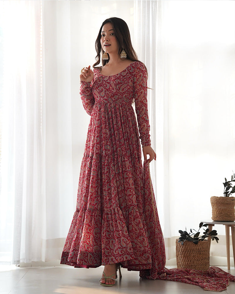 Kalamkari Maroon Color Georgette Frill Anarkali Suit