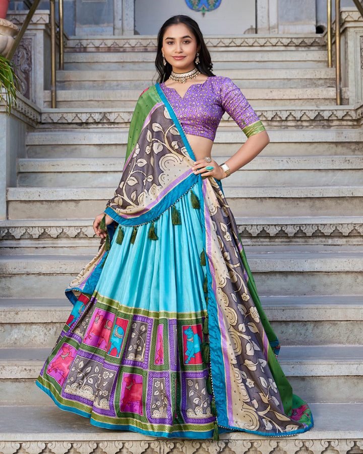 Kalamkari Printed Sea Green Color Tussar Silk Lehenga Choli