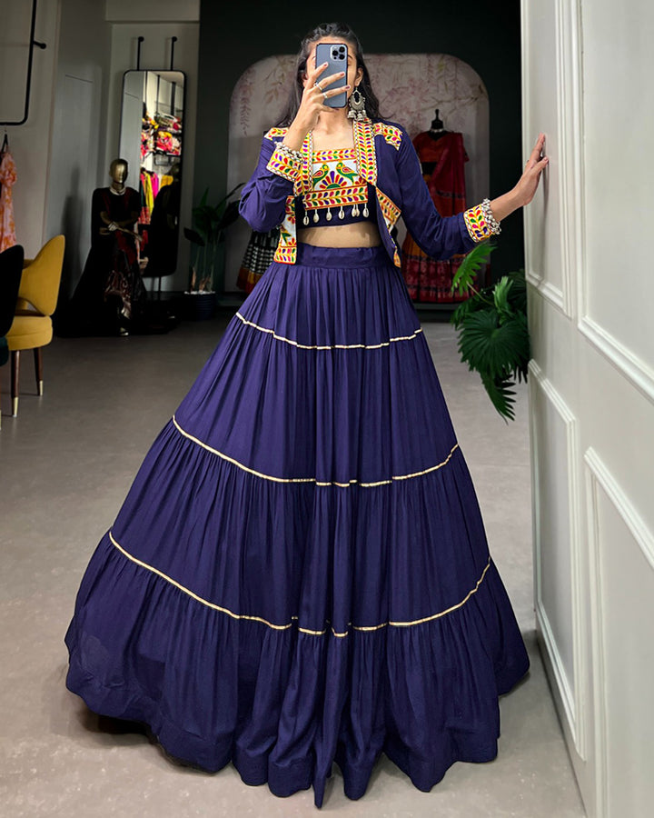 Navy Blue Color Pure Rayon Frill And Gamthi Work Navratri Lehenga Choli