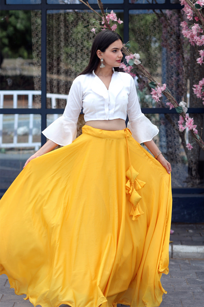Yellow Color Fully Stitched Chinnon Crop Top Lehenga With Phantom Silk Designer Blouse