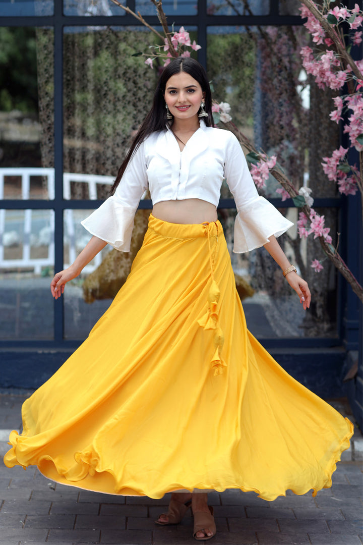 Yellow Color Fully Stitched Chinnon Crop Top Lehenga With Phantom Silk Designer Blouse