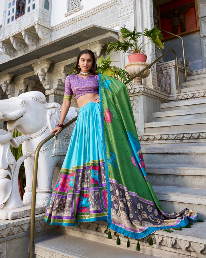 Kalamkari Printed Sea Green Color Tussar Silk Lehenga Choli