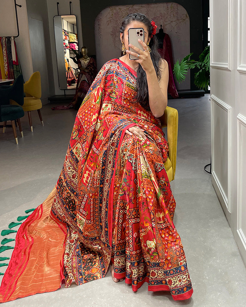 Red Color Pure Gaji Silk Lagdi Patta Patola Printed Saree