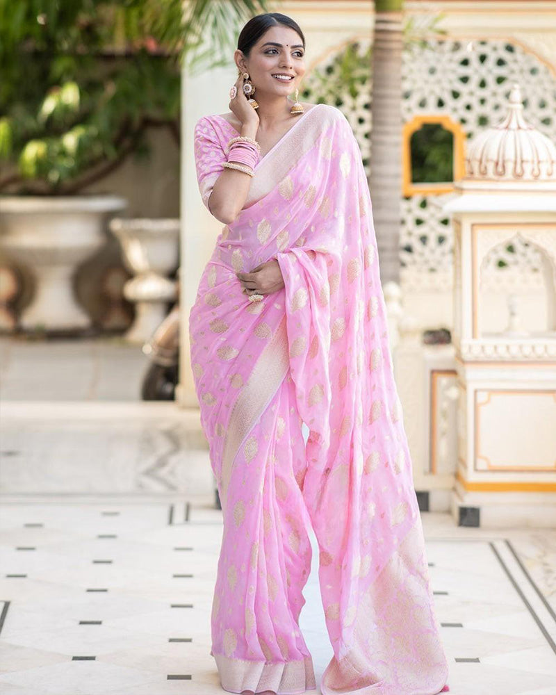 Designer Baby Pink Color Jacquard Banarasi Silk Saree