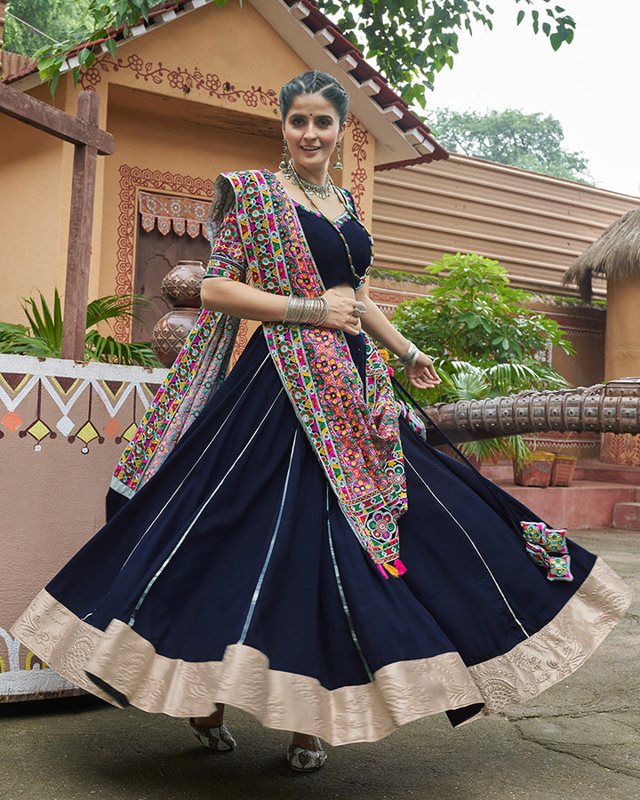 Navy Blue Color Viscose Rayon Fully Stitched Navratri Lehenga Choli