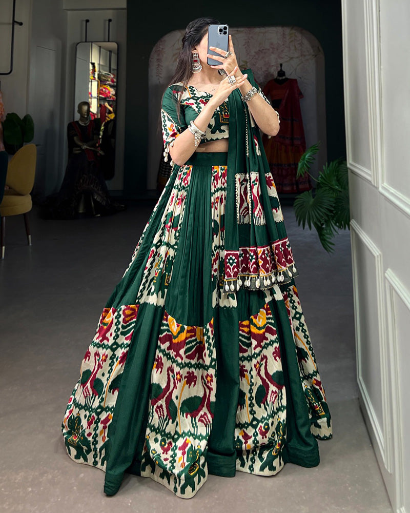 Green Color Rayon Printed Silk Navratri Lehenga Choli