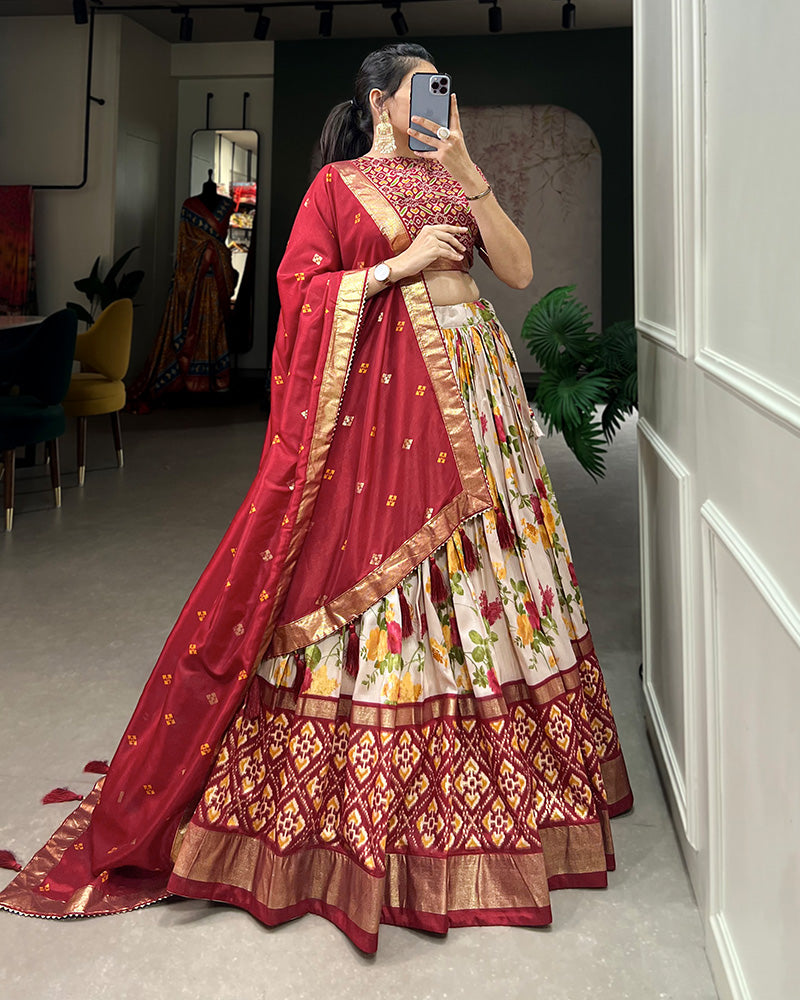 Red Color Floral And Patola Print Tussar Silk Lehenga Choli