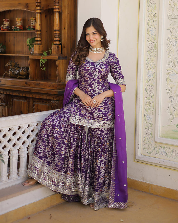 Wine Color Viscose Jacquard Embroidered Gharara Suit