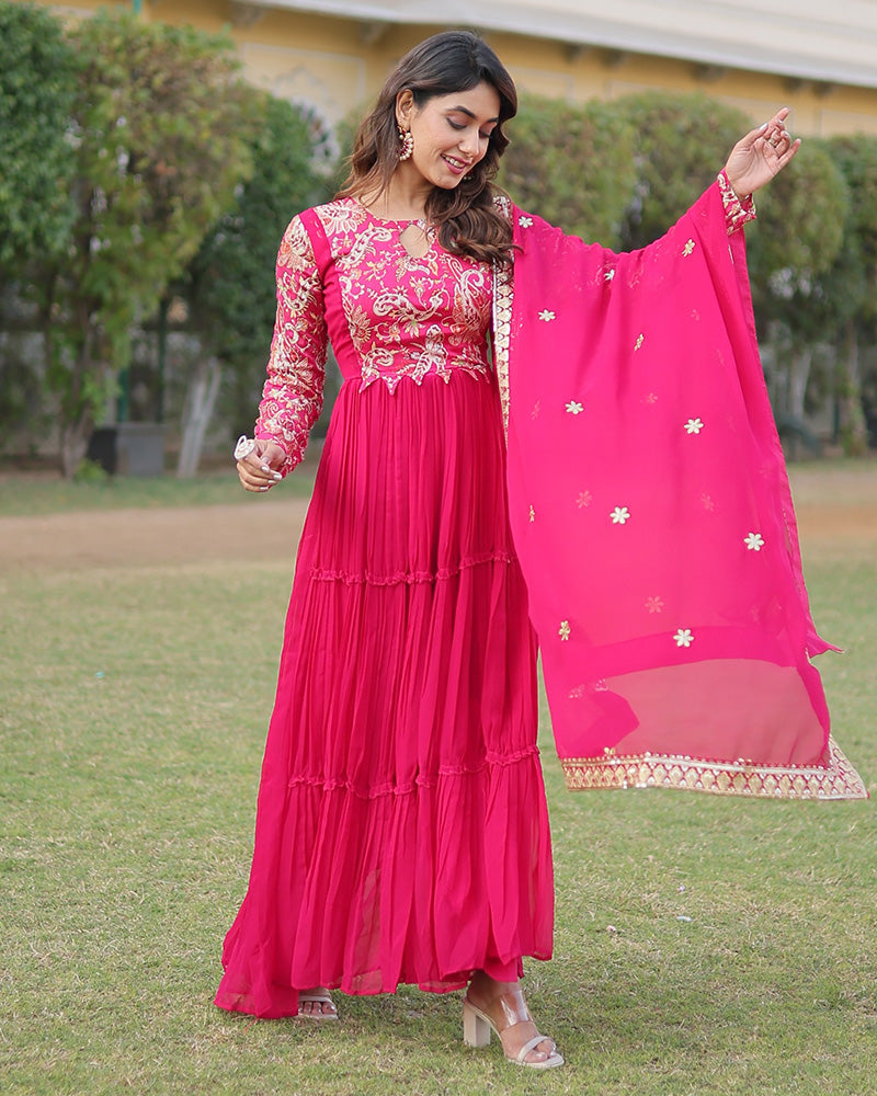 Designer Rani Pink Color Georgette Frill Anarkali Gown With Dupatta