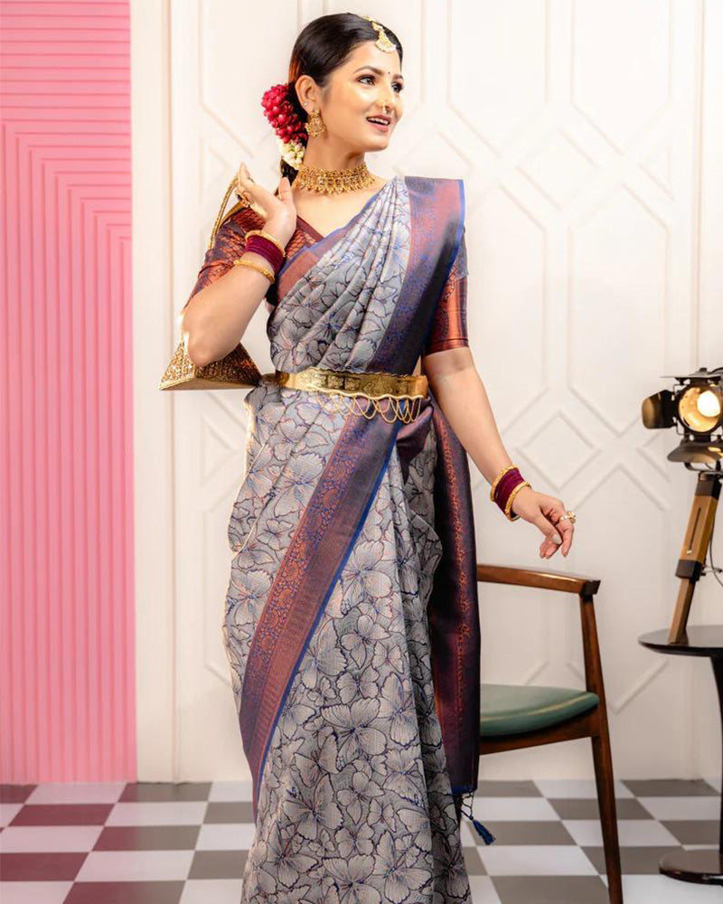 Designer Sky Color Jacquard Banarasi Silk Saree