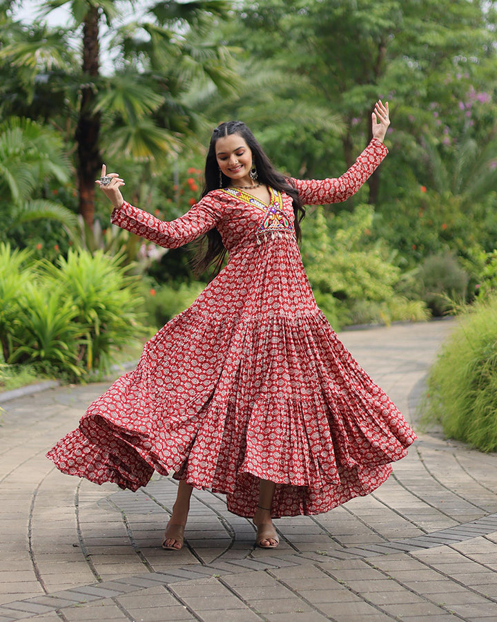 Navratri Special Maroon Color Cotton Gamthi Work Gown