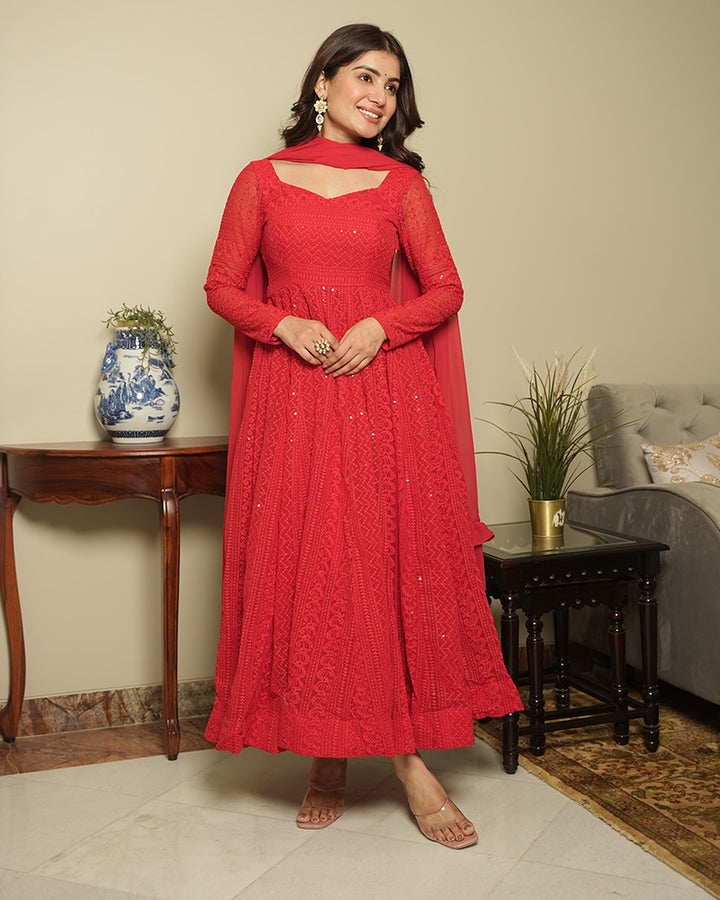 Red Color Soft Georgette Embroidered Lucknowi Anarkali Suit