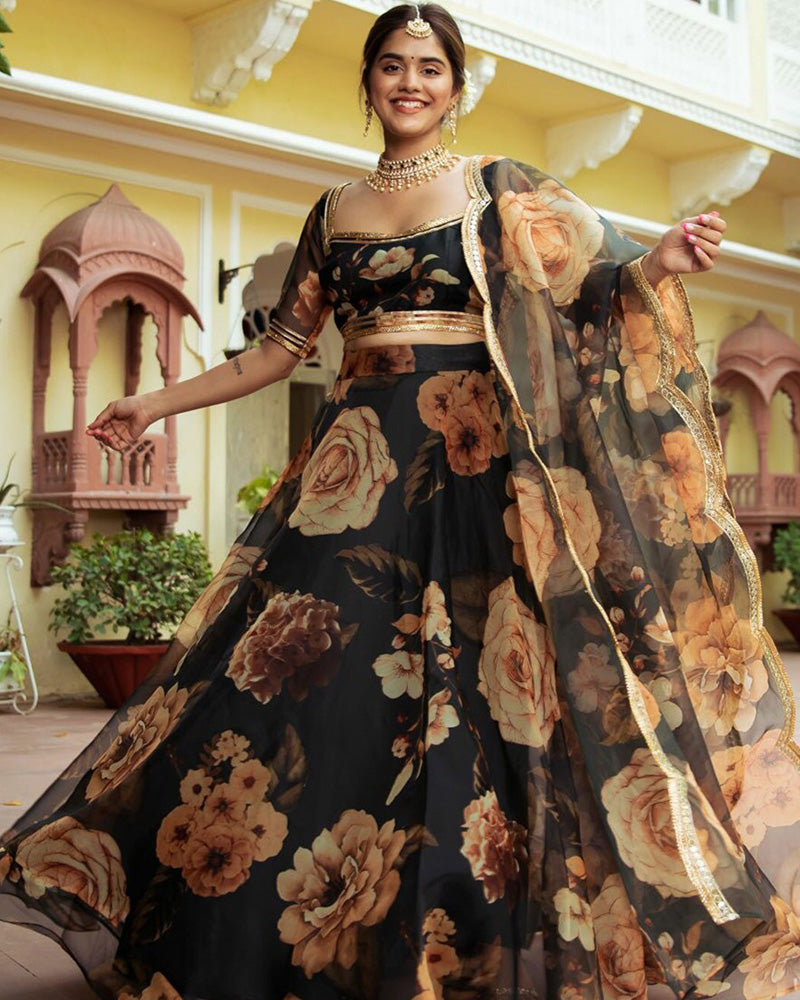 Black Color Organza Printed Lehenga Choli