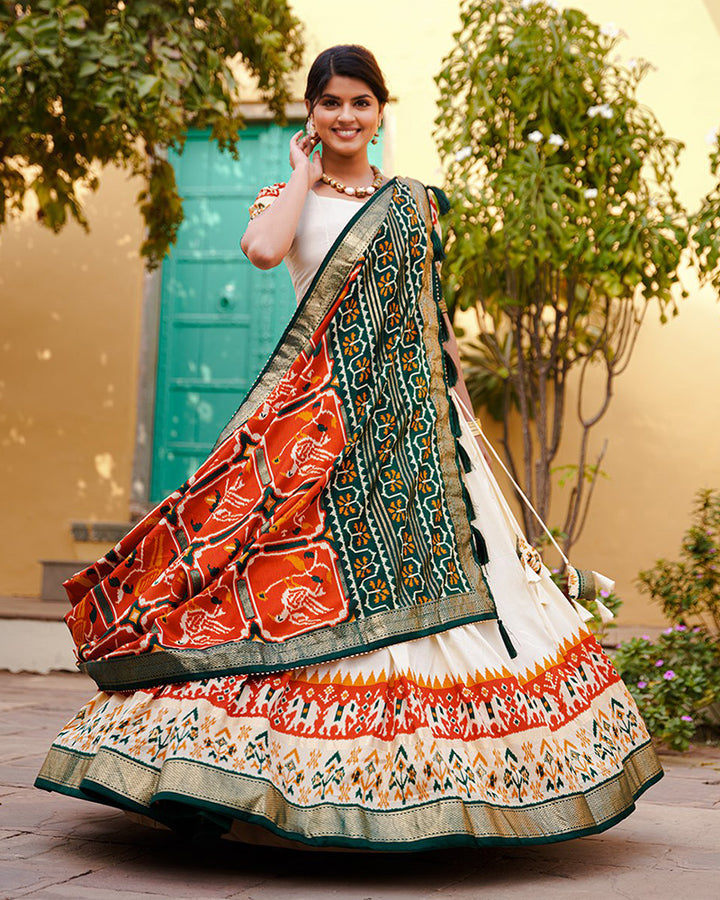 Amazing Orange Color Patola Printed Tussar Silk Lehenga Choli