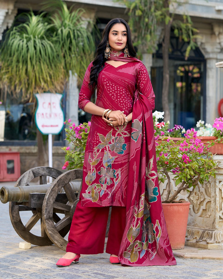 Maroon Color Roman Silk Floral Printed Salwar Suit