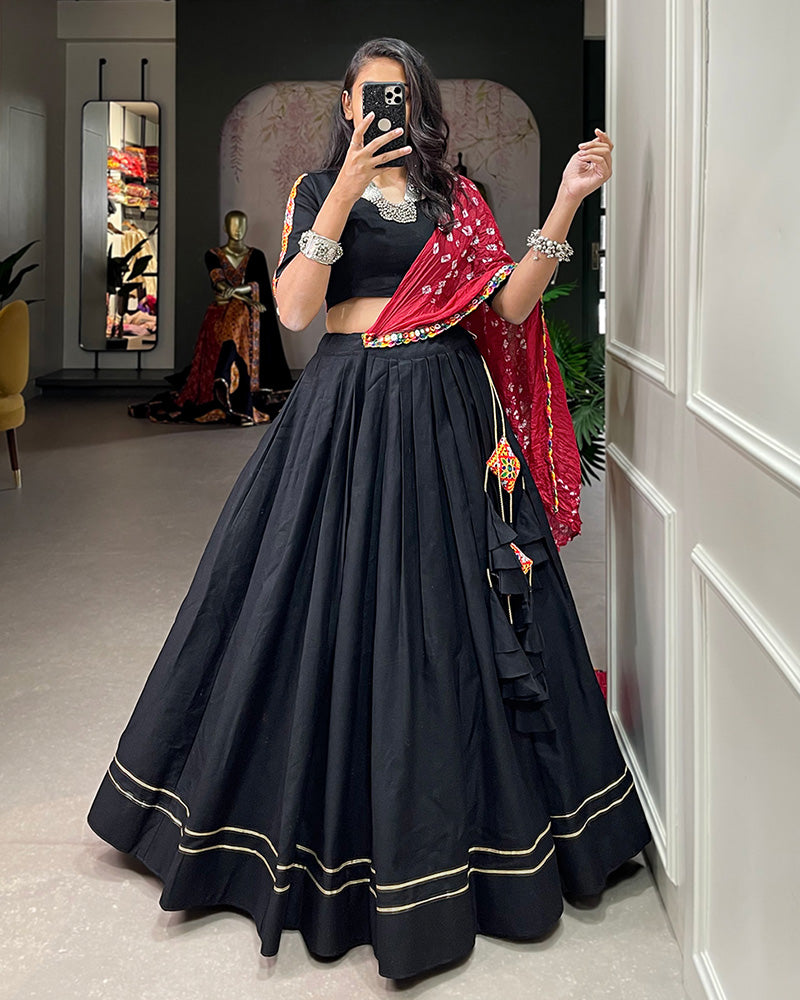 Designer Black Color Cotton Fully Stitched Lehenga Choli With Bandhej Dupatta