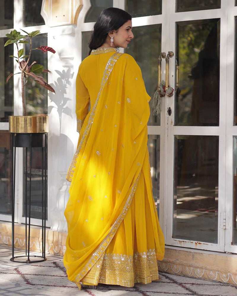 Designer Yellow Color Gown With Sequence Embroidered Dupatta