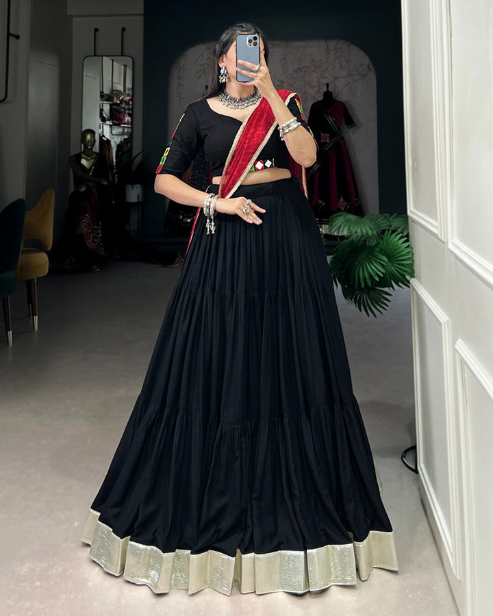 Navratri Wear Black Color Rayon Ruffle Style Lehenga Choli