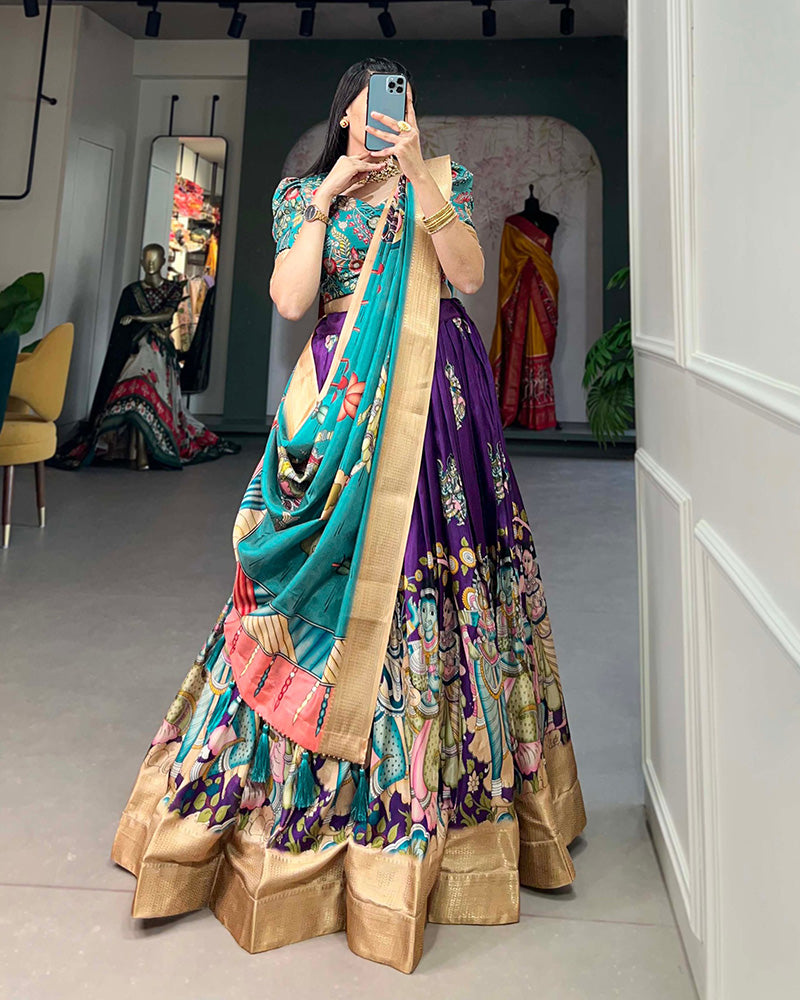 Exclusive Designer Purple Color Kalamkari Printed Dola Silk Lehenga Choli