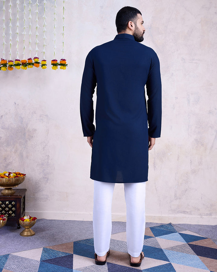 Navy Blue Color Rayon Embroidered Men's Kurta