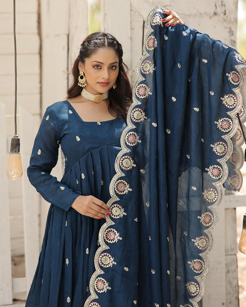 Beautiful Rama Color Shimmer Gown With Embroidered Dupatta