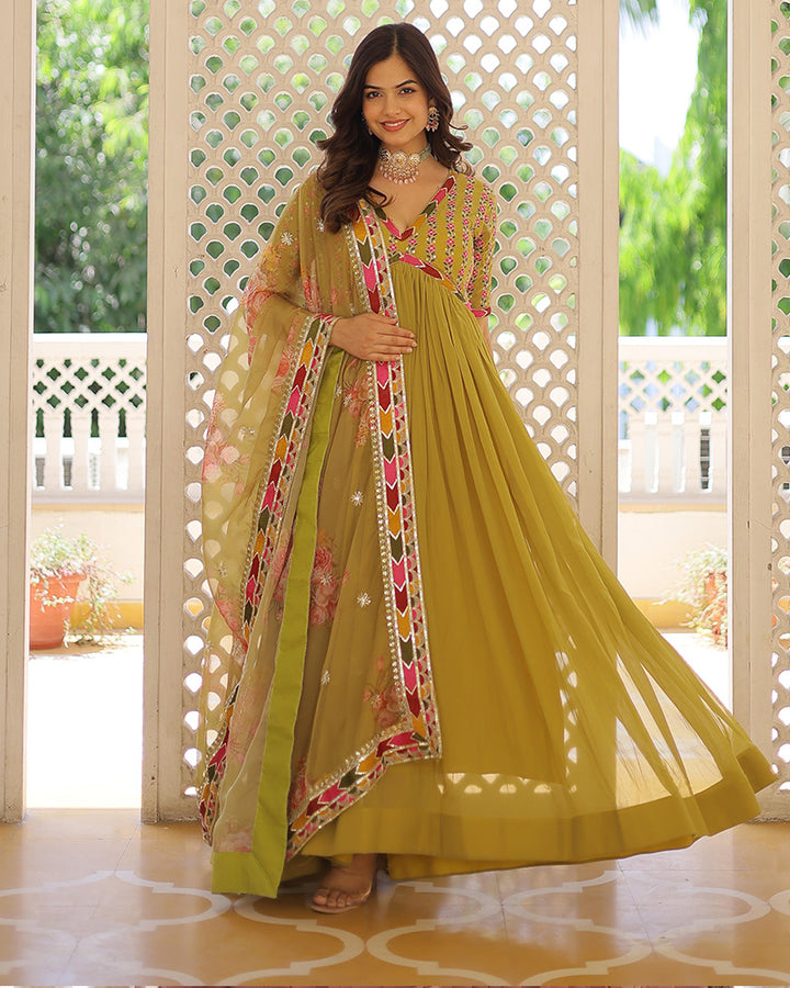 Pista Color Faux Georgette Embroidered Alia Cut Gown With Dupatta