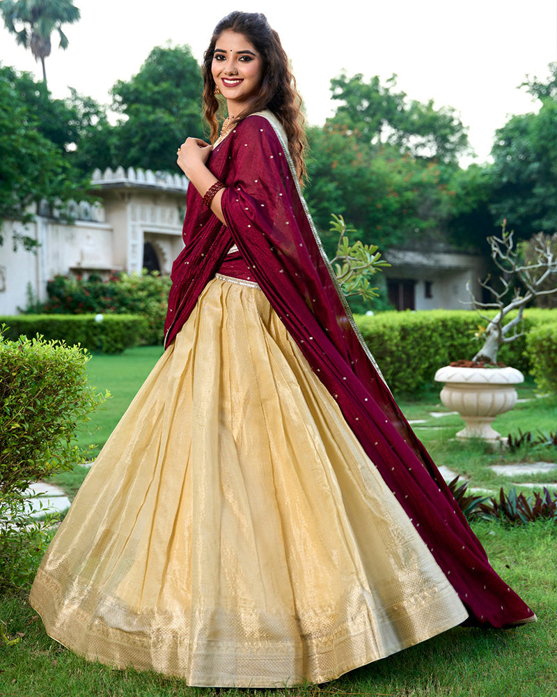 Designer Cream Color Kanchipuram Lehenga Choli