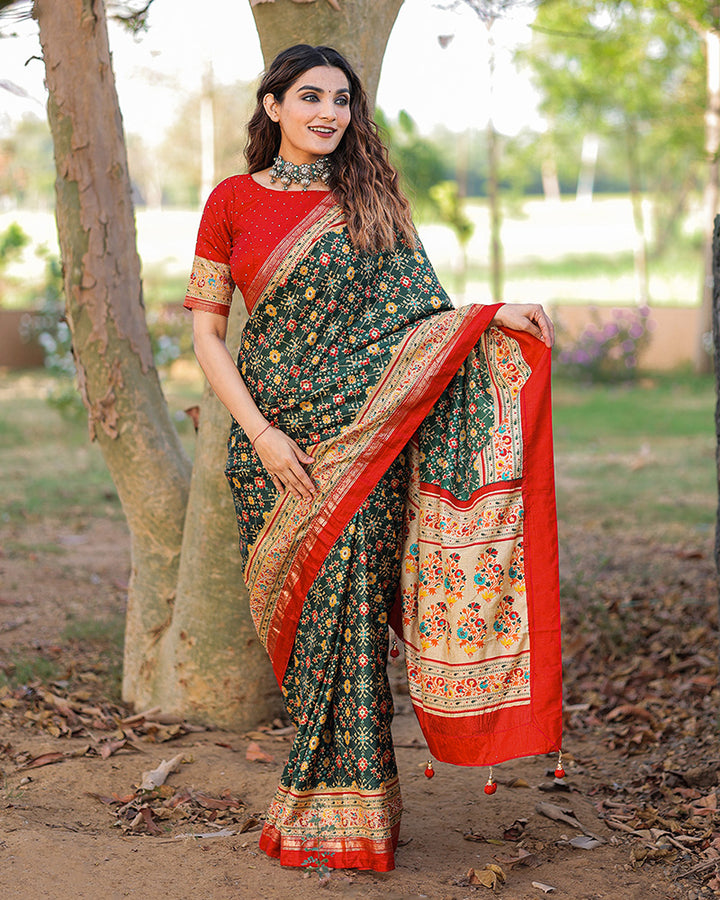 Green Color Foil Print Stone Work Dola Silk Saree