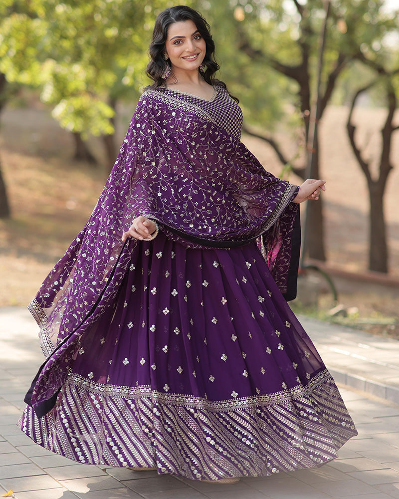 Wedding Wear Dark Purple Color Blooming Embroidered Lehenga Choli