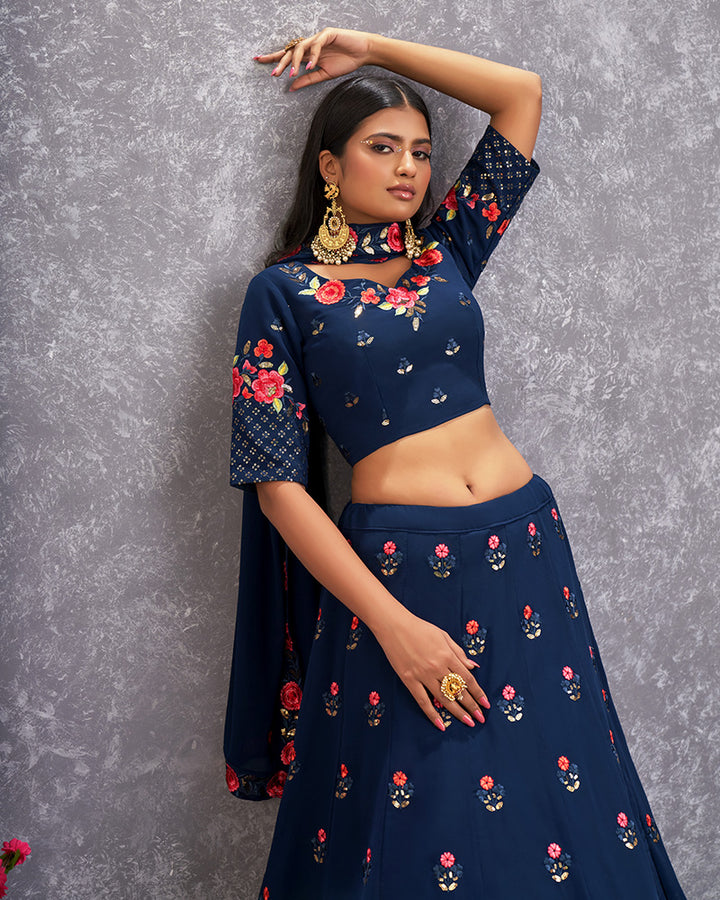 Teel Blue Color Thread And Embroidered Georgette Lehenga Choli