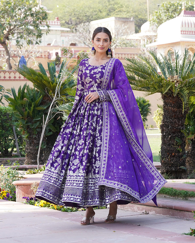 Beautiful Purple Color Viscose Jacquard Gown With Russian Silk Dupatta