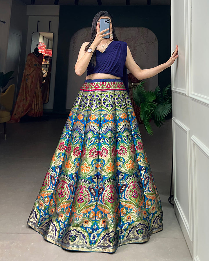 Navy Blue Color Beautiful Banarasi Silk Full Stitched Lehenga Choli