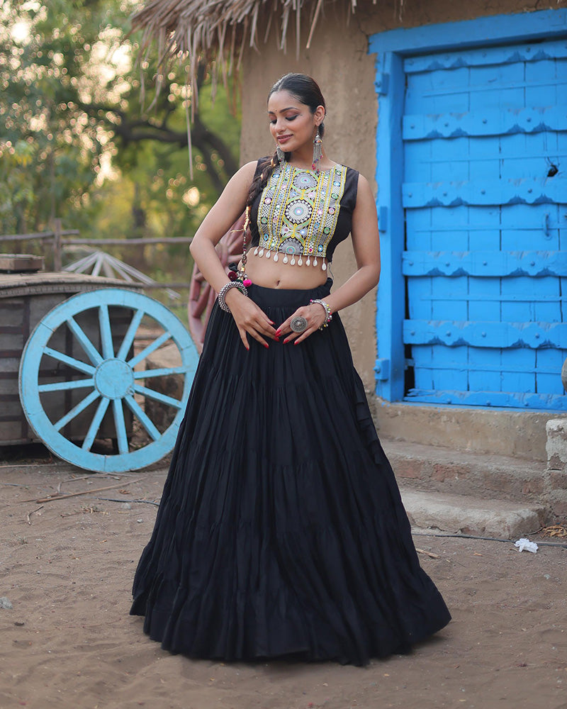 Black Color Rayon Frill And Embroidered Navratri Lehenga