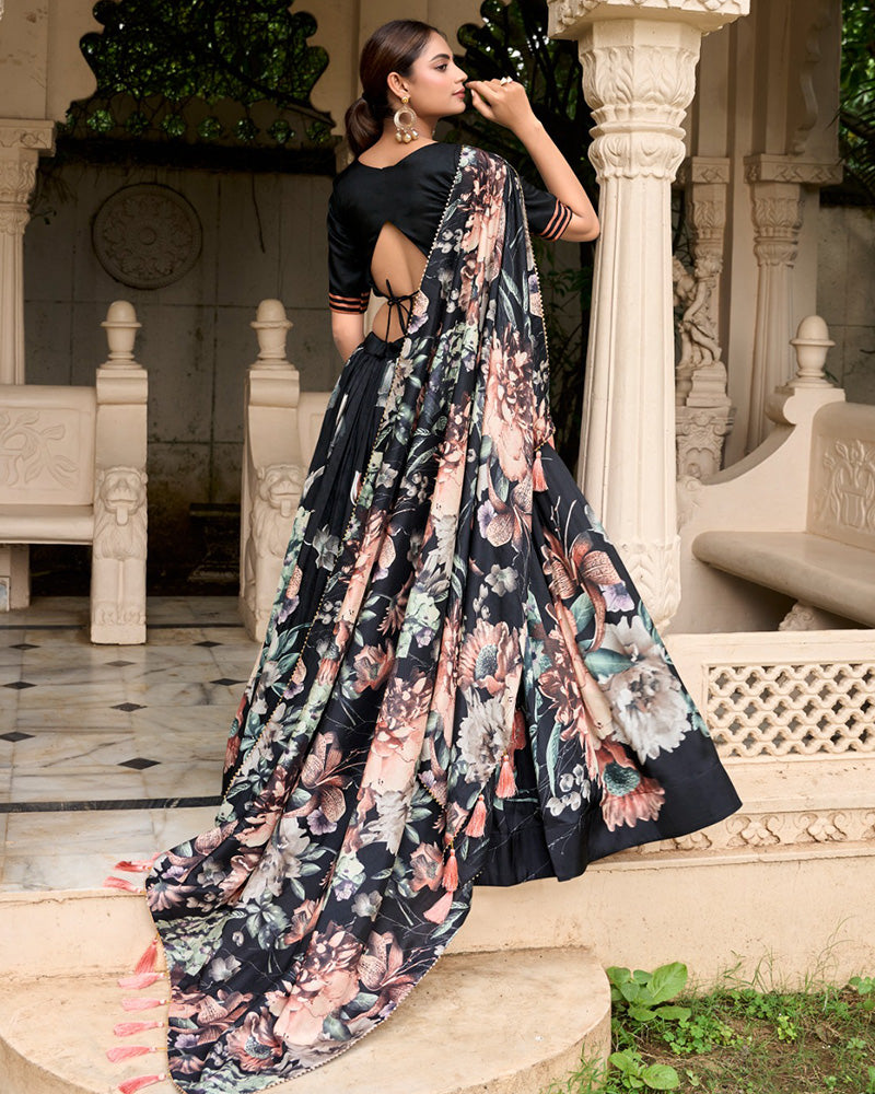 Black Color Floral Printed Tussar Silk Lehenga Choli