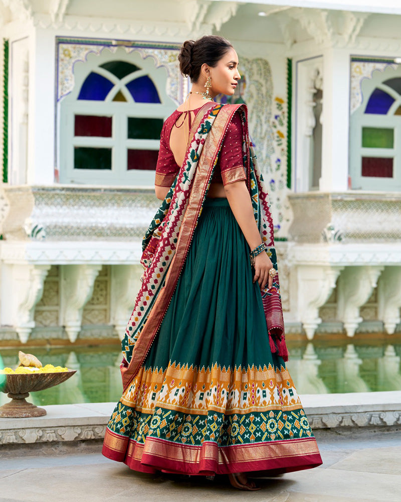 Patola Printed Green Color Tussar Silk Lehenga Choli