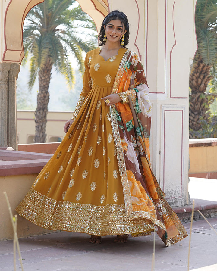 Beautiful Mustard Yellow Color Sequence Embroidered Anarkali Gown