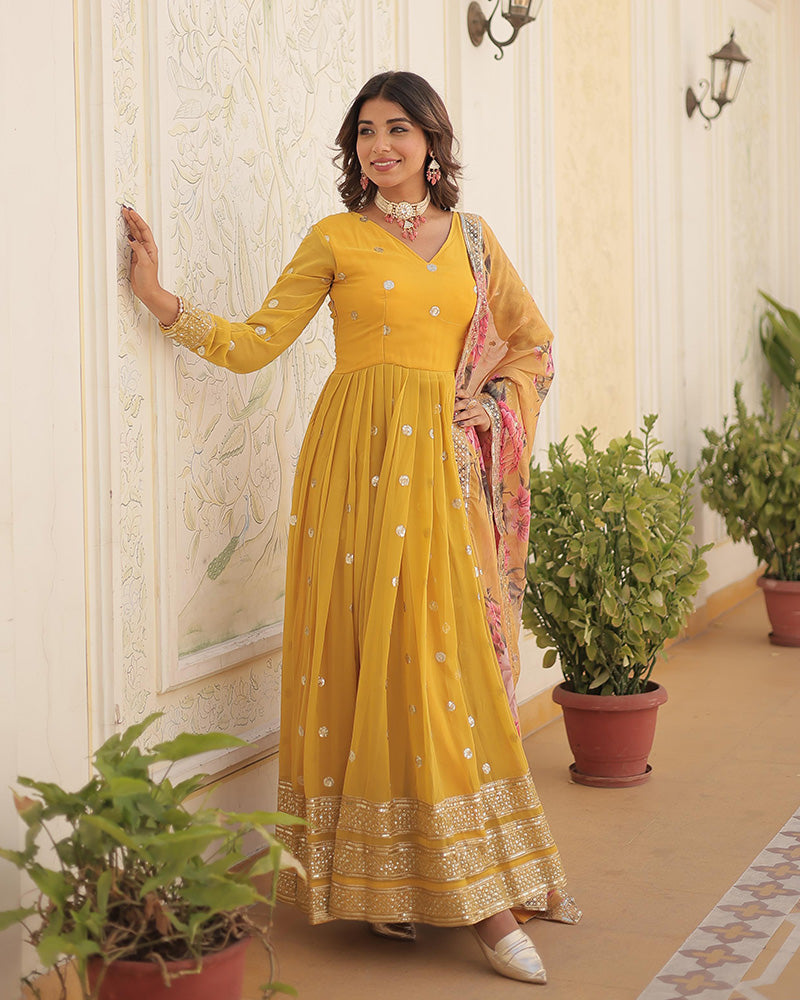 Beautiful Yellow Color Sequence Embroidered Anarkali Gown