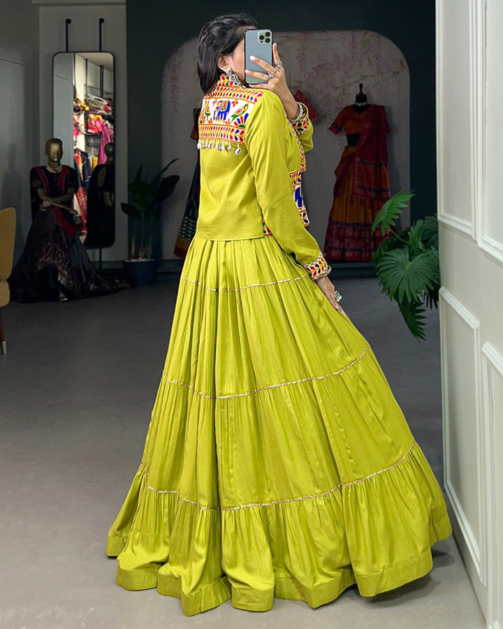 Parrot Green Color Pure Rayon Frill And Gamthi Work Navratri Lehenga Choli