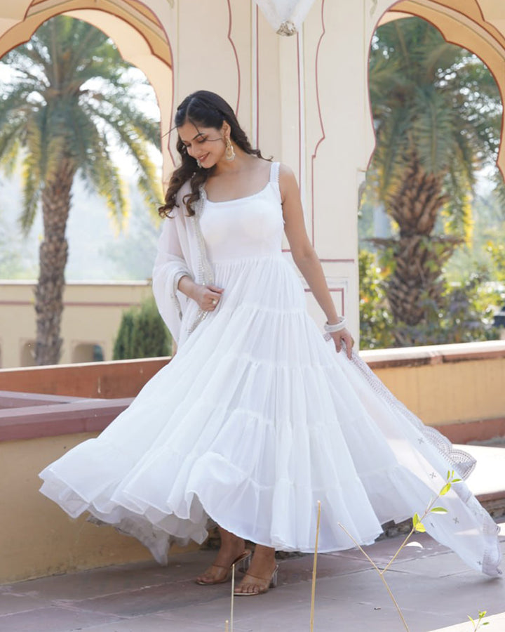 White Color Georgette Frill Gown With Embroidered Dupatta