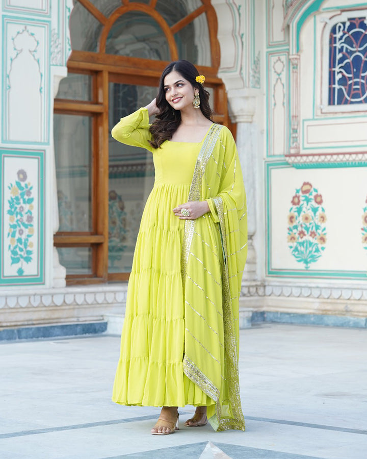 Parrot Color Georgette Frill Anarkali Gown With Heavy Dupatta Work